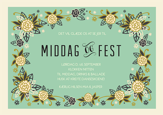 
                Smuk festinvitation der kan personliggøres så den passer til den fest I skal holde. Brug bagsiden til flere praktiske oplysninger, ønskeliste eller andet. Til dette design følger matchende elementer i form af bordoversigt, bordkort, menukort mm.                